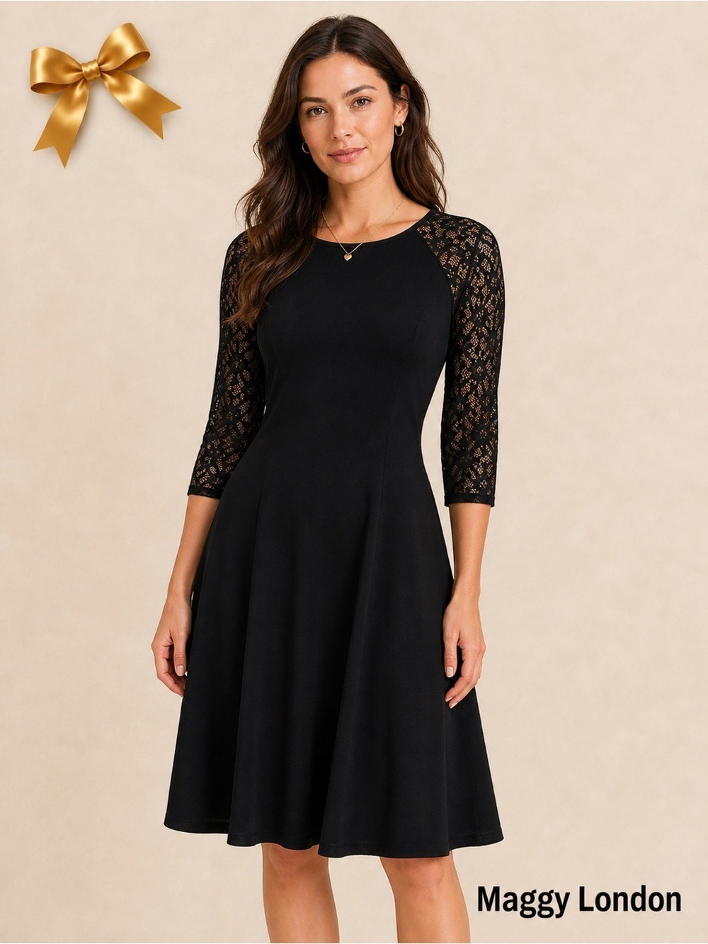 Maggy London Black Lace 3/4 Sleeve Knee Length Dress Size 6